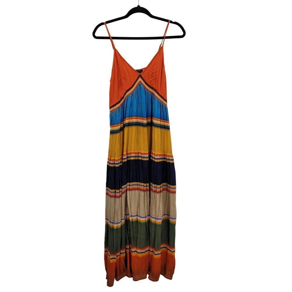Anthropologie Tanvi Kedia V-Neck Colorblock Midi Dress M Sleeveless Tiered Pleat - Picture 10 of 10